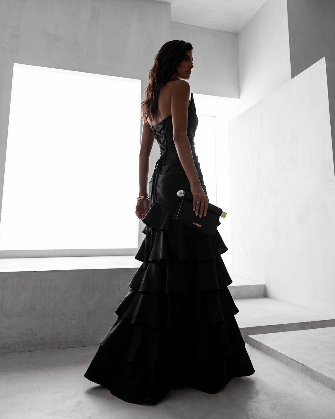 NOIR CASCADE SATIN RUFFLE GOWN