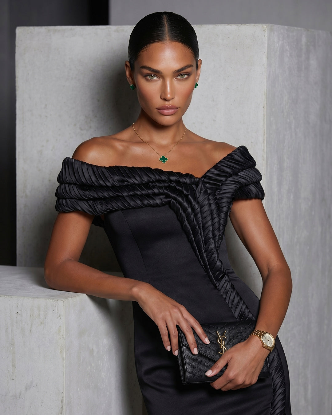 Noir Pleated Off-Shoulder Column Gown with Slit