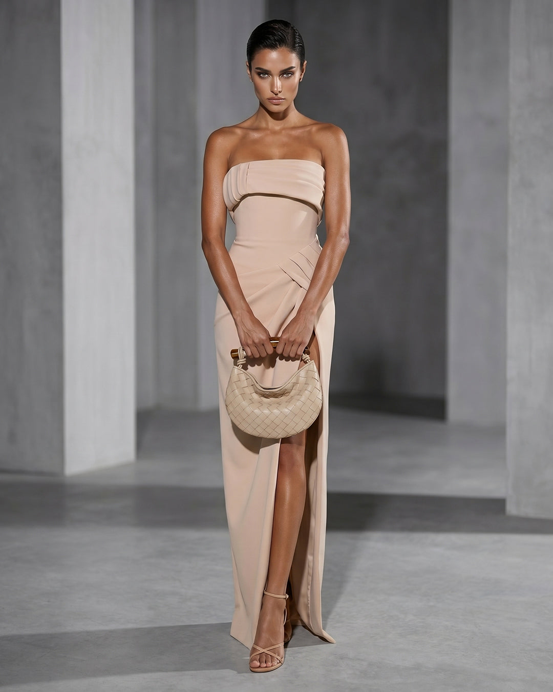 BLUSH DRAPED COLUMN GOWN