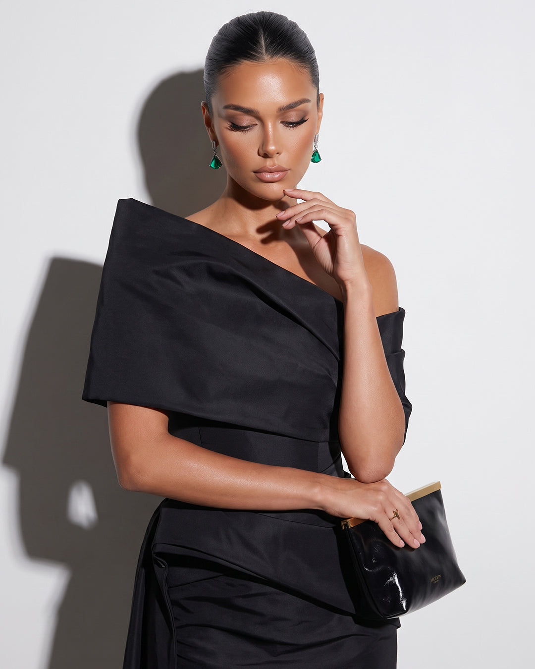 NOIR ARCHITECTURAL DRAPED COLUMN GOWN