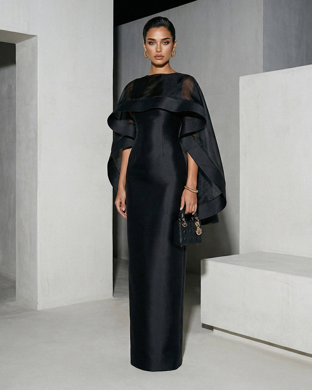 Noir Draped Cape Column Gown