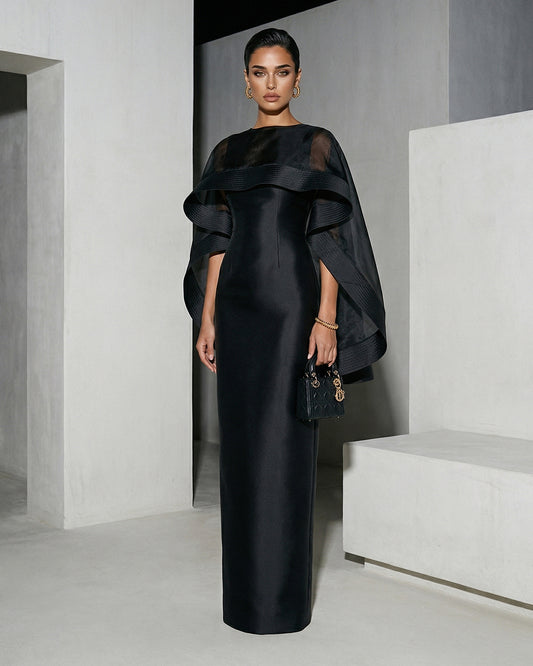 Noir Draped Cape Column Gown