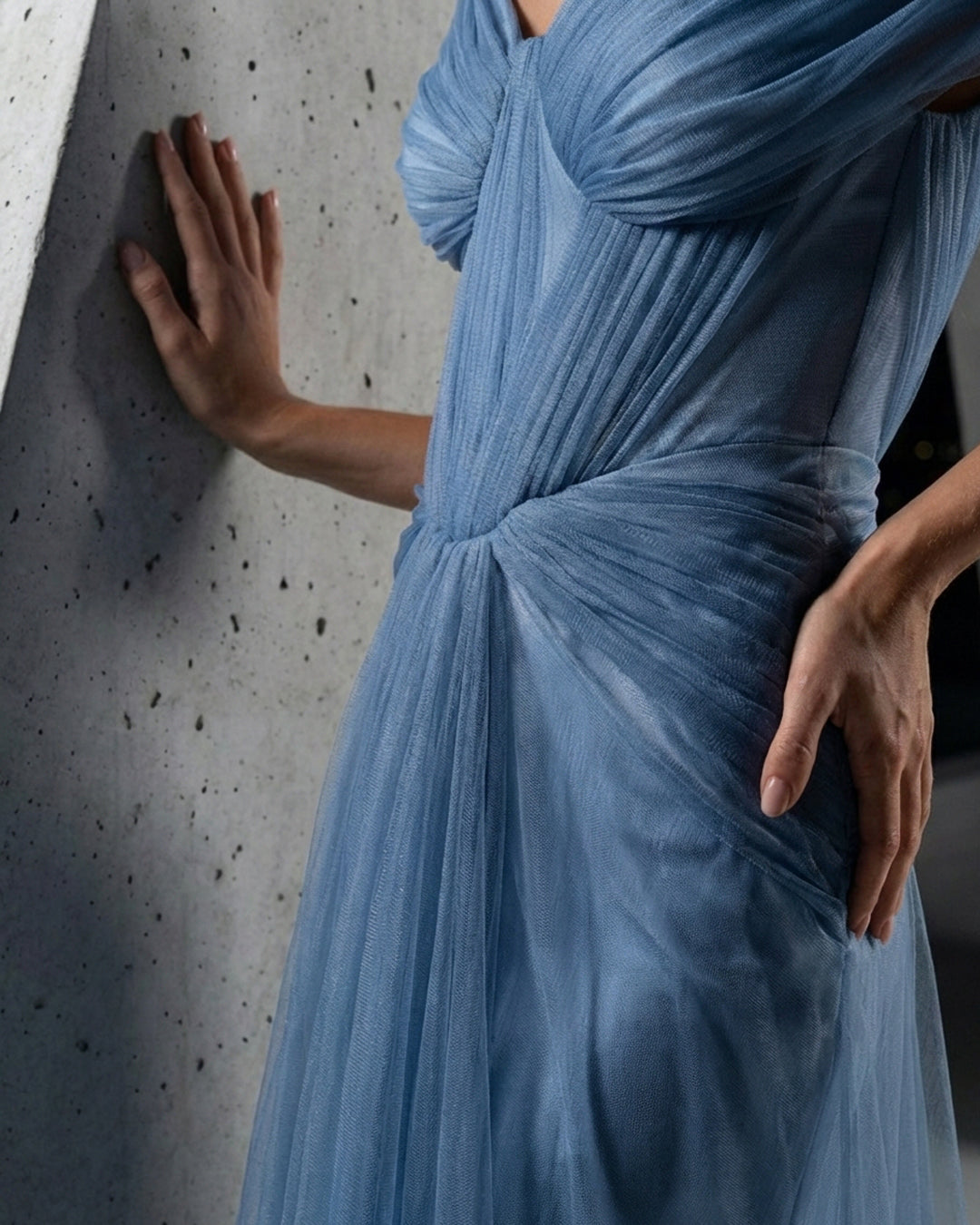 Dusty Blue Off-Shoulder Draped Tulle Gown
