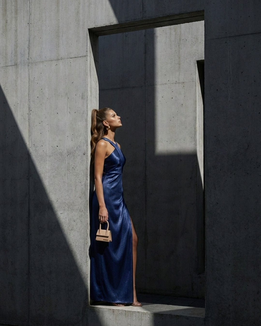 Midnight Blue Satin Halter Gown