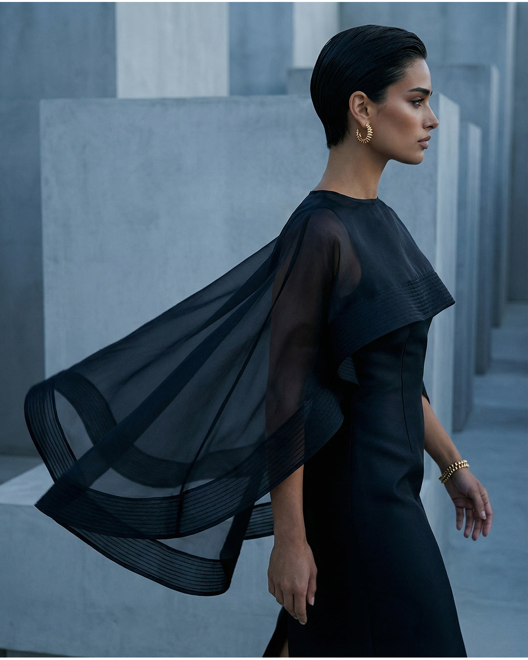 Noir Draped Cape Column Gown
