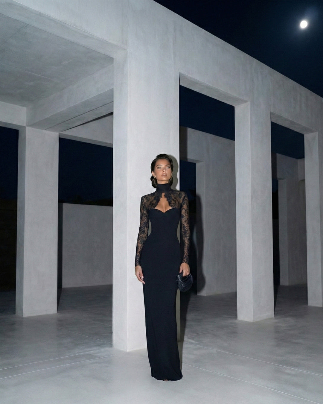 Black Lace High-Neck Evening Gown
