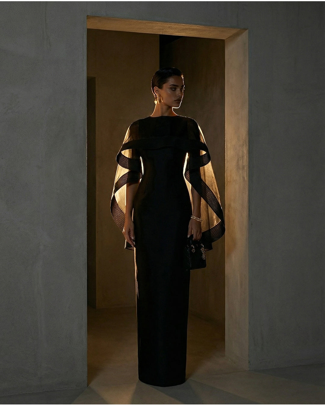 Noir Draped Cape Column Gown
