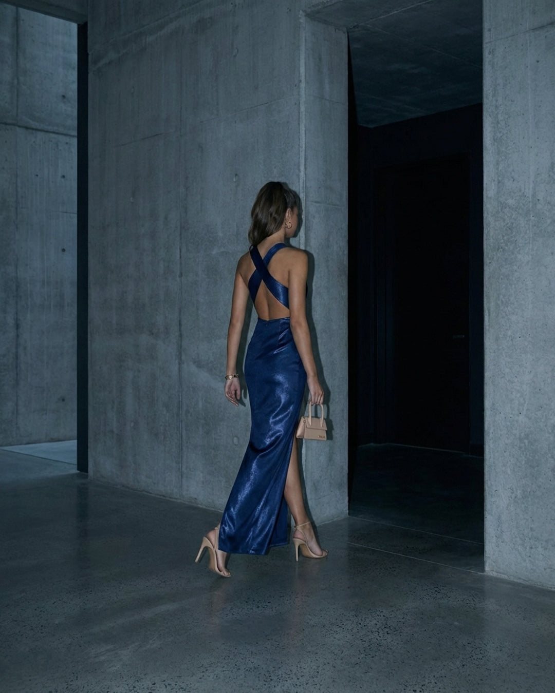 Midnight Blue Satin Halter Gown