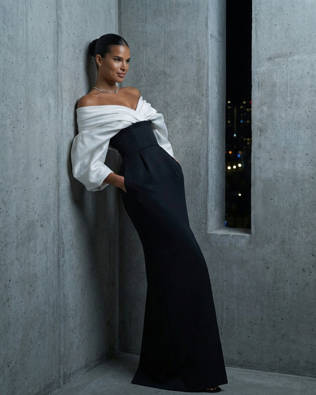 Off-Shoulder Black & Ivory Evening Gown
