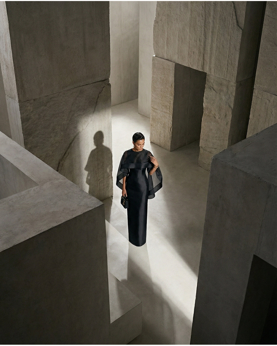 Noir Draped Cape Column Gown