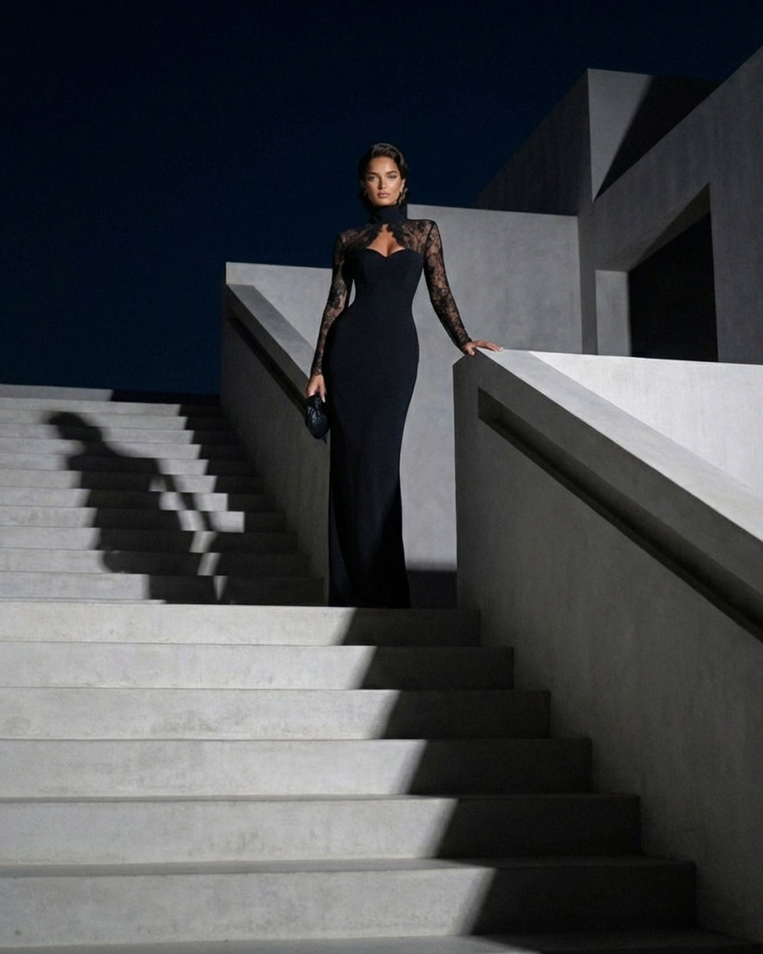 Black Lace High-Neck Evening Gown