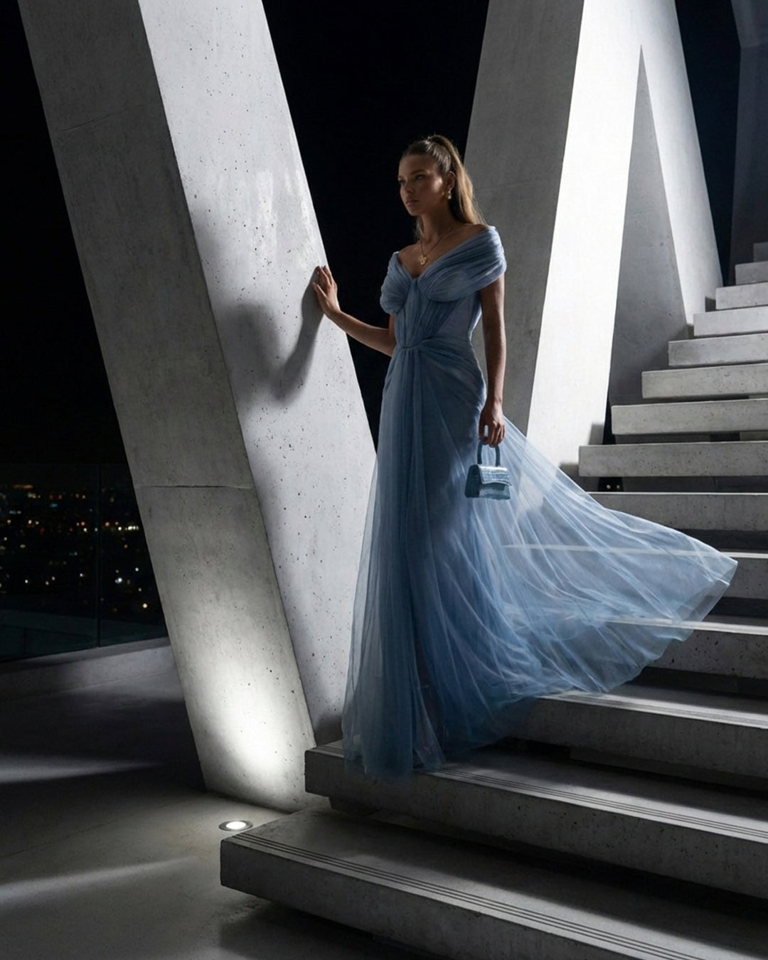 Dusty Blue Off-Shoulder Draped Tulle Gown