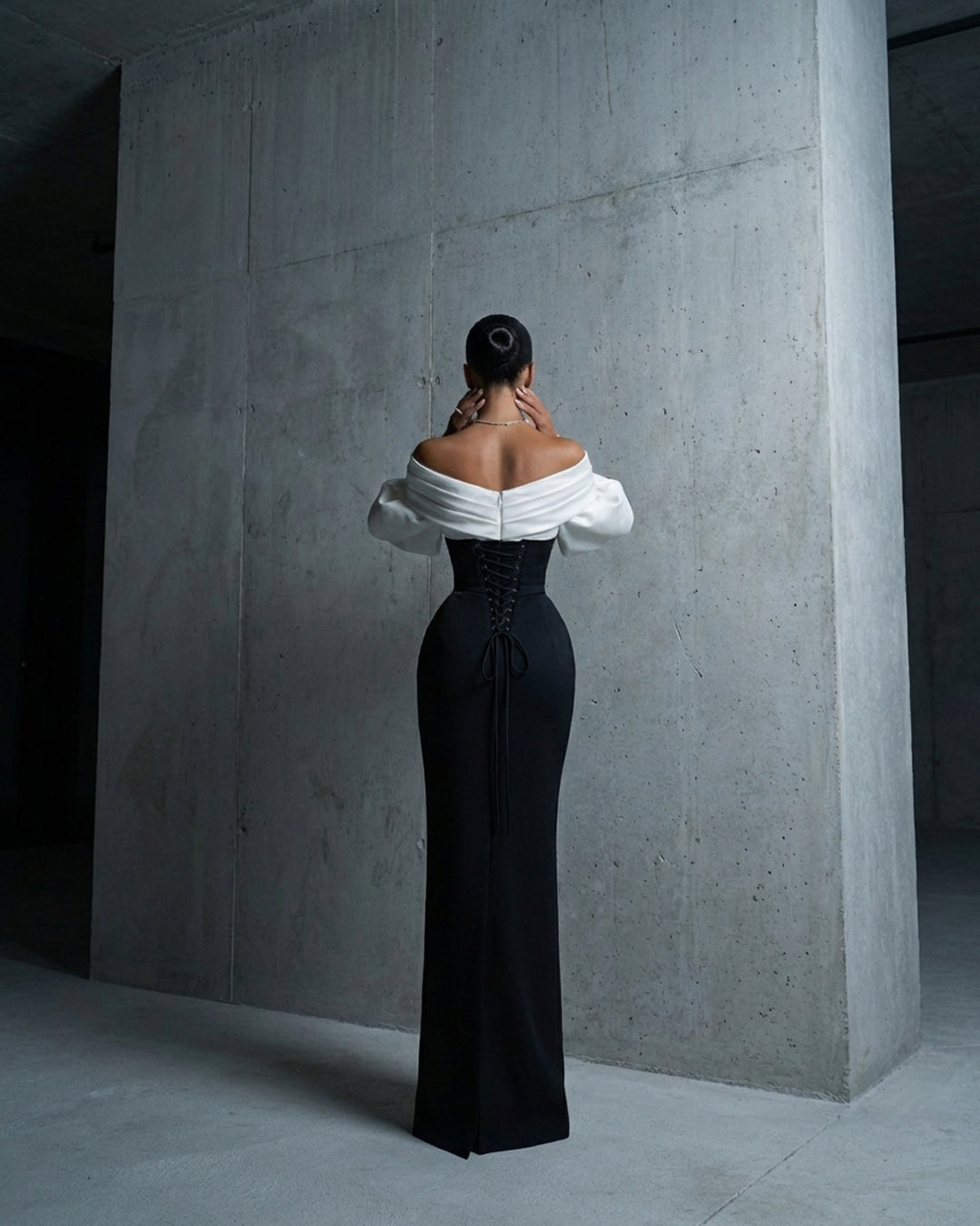 Off-Shoulder Black & Ivory Evening Gown