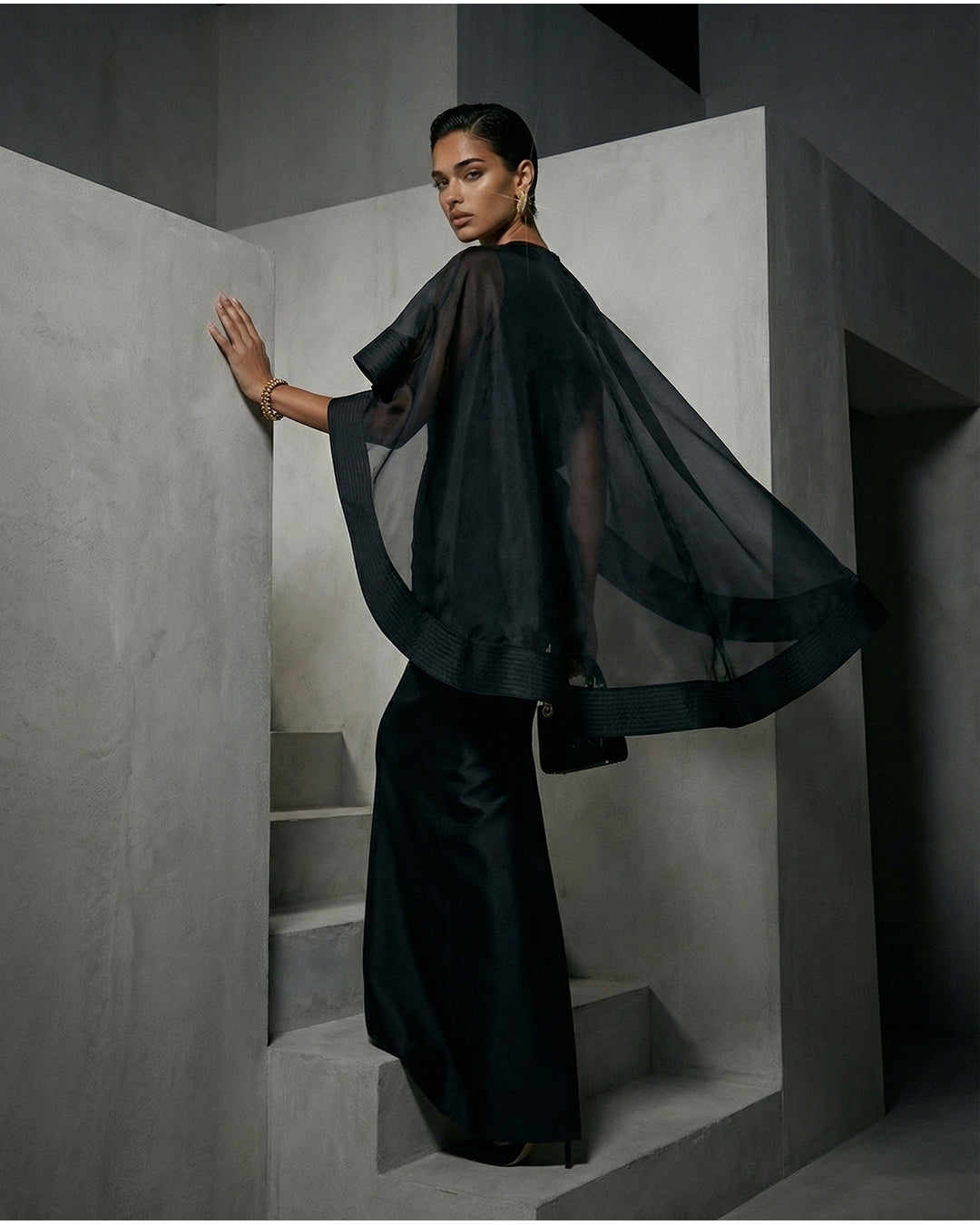 Noir Draped Cape Column Gown
