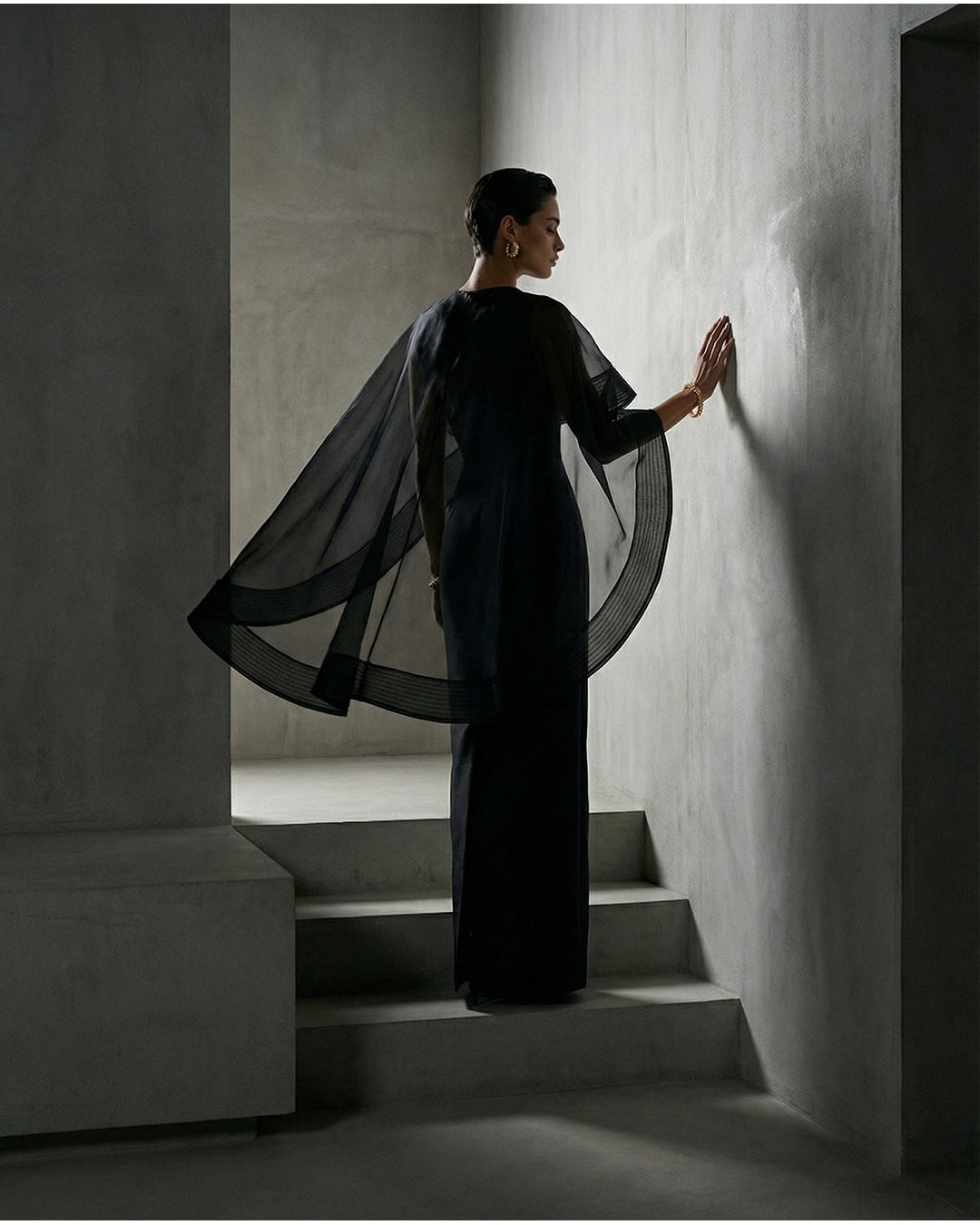 Noir Draped Cape Column Gown