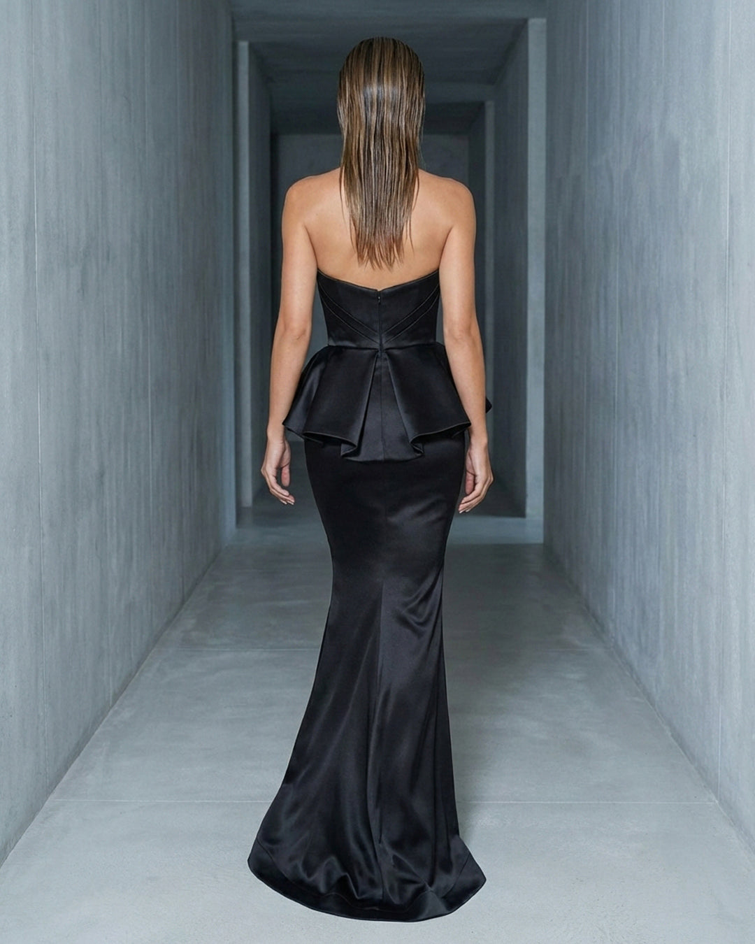 Black Strapless Peplum Satin Evening Gown
