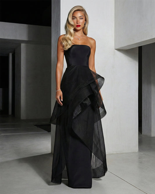Strapless Black Evening Gown with Sheer Overlay
