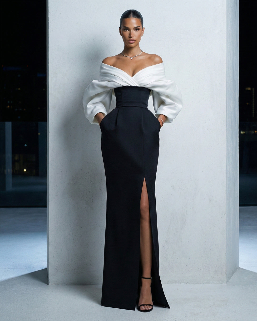 Off-Shoulder Black & Ivory Evening Gown
