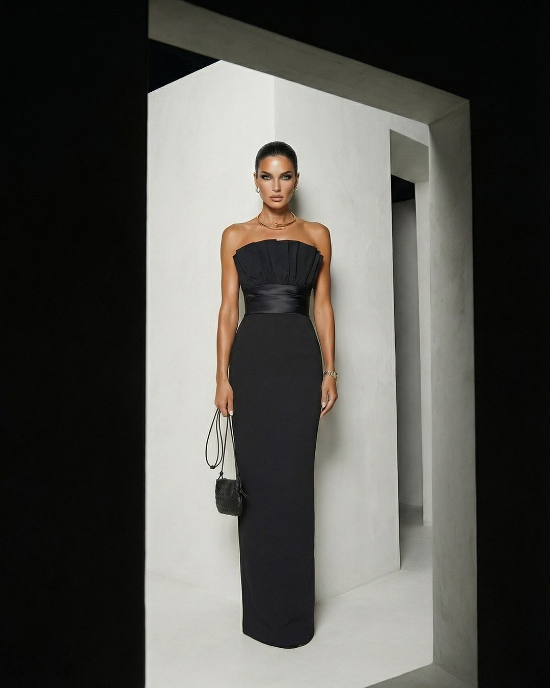 Noir Pleated Bodice Column Gown