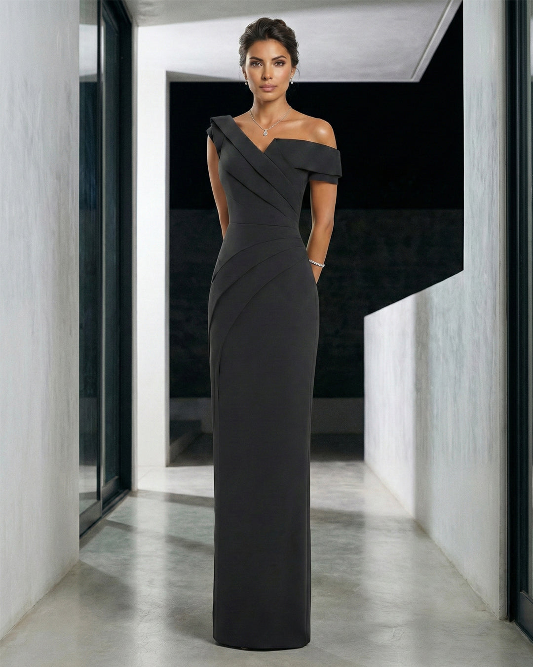 Asymmetric Off-Shoulder Sculpted Evening Gown