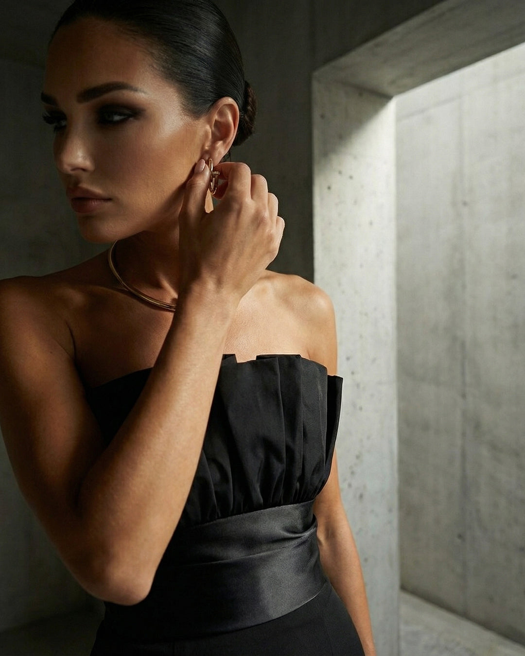 Noir Pleated Bodice Column Gown
