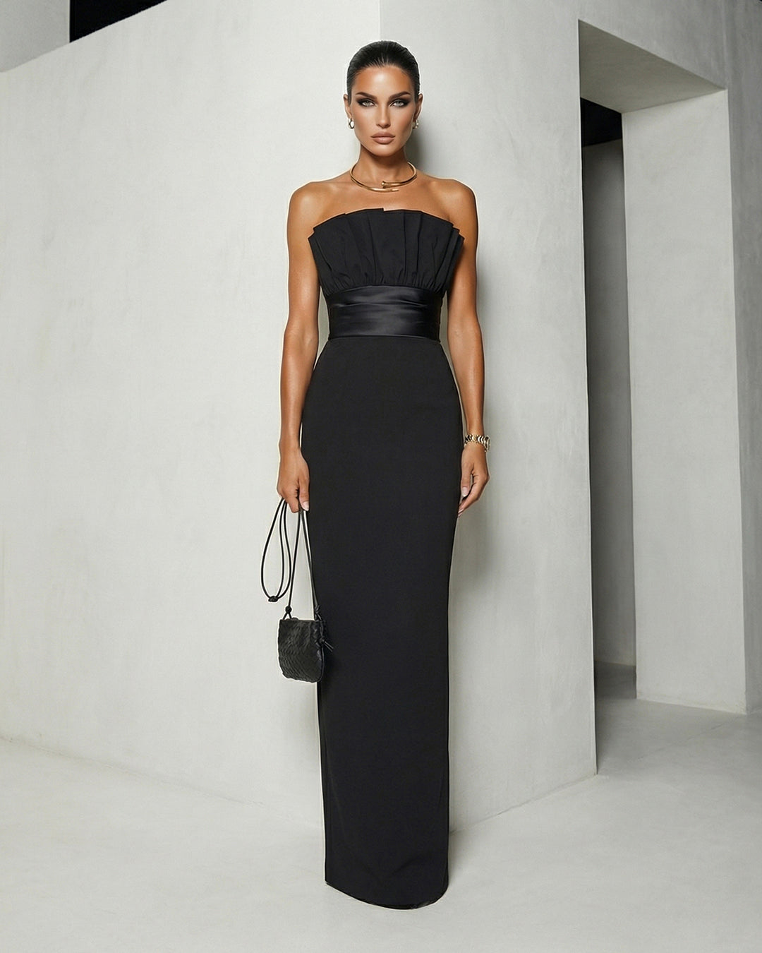 Noir Pleated Bodice Column Gown