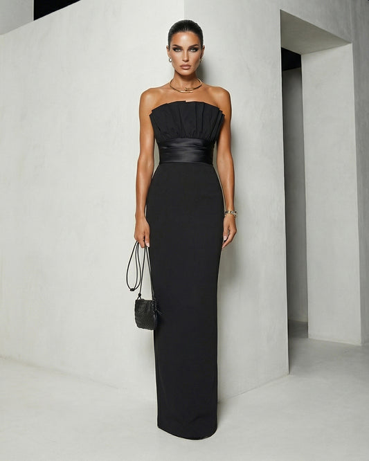 Noir Pleated Bodice Column Gown