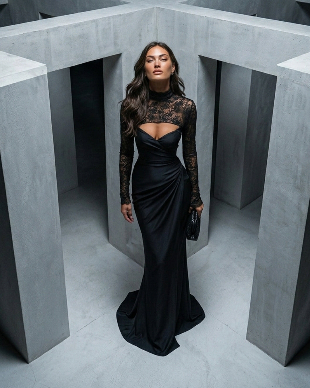 Black Lace High-Neck Draped Evening Gown