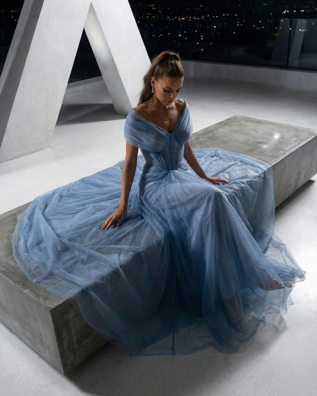 Dusty Blue Off-Shoulder Draped Tulle Gown