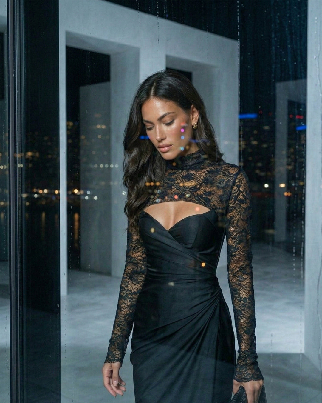 Black Lace High-Neck Draped Evening Gown