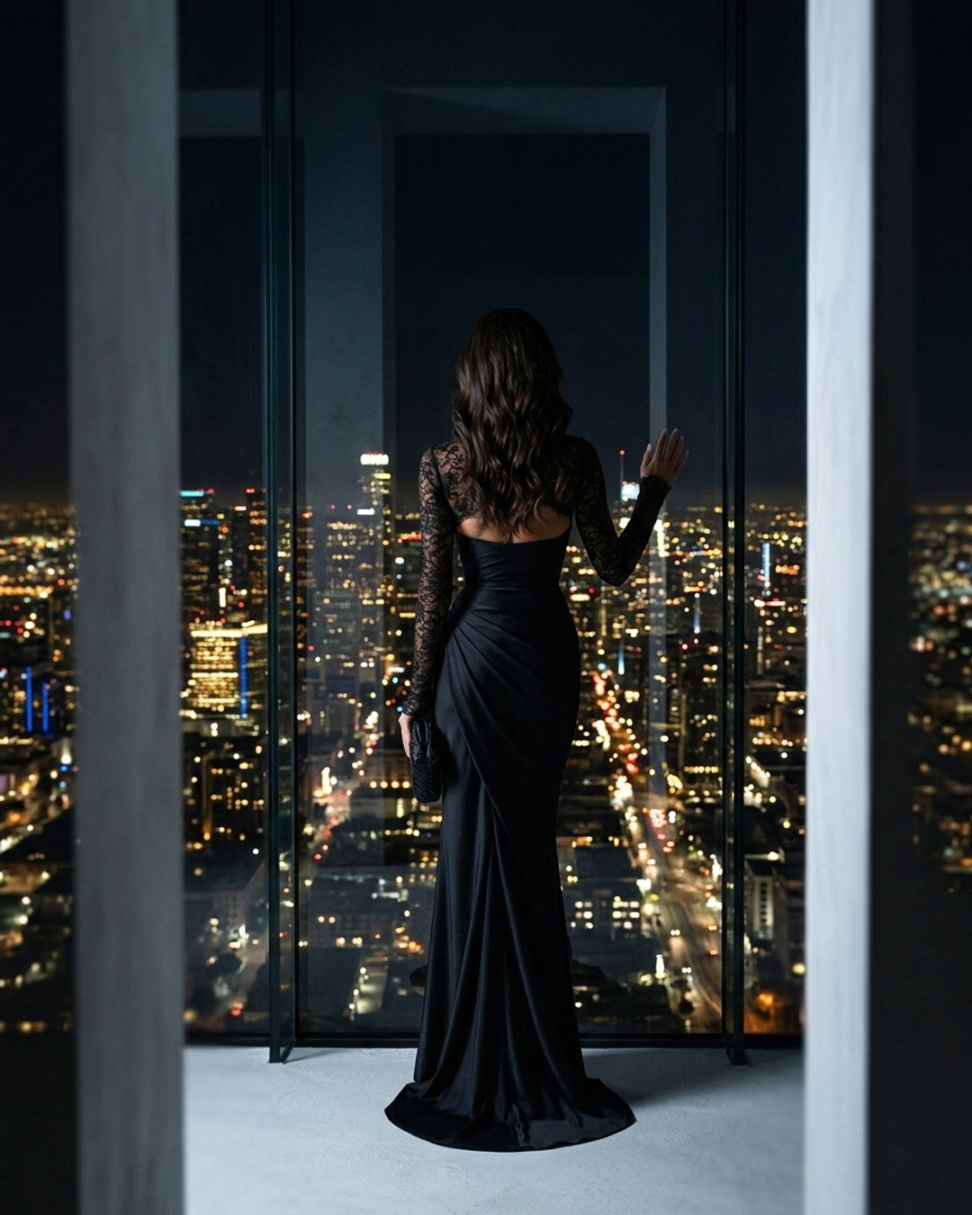 Black Lace High-Neck Draped Evening Gown