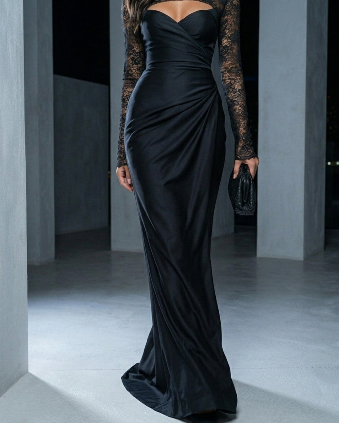 Black Lace High-Neck Draped Evening Gown