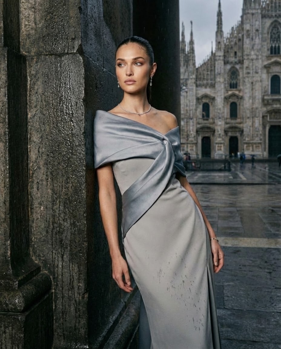 SILVER DRAPED OFF-SHOULDER GOWN