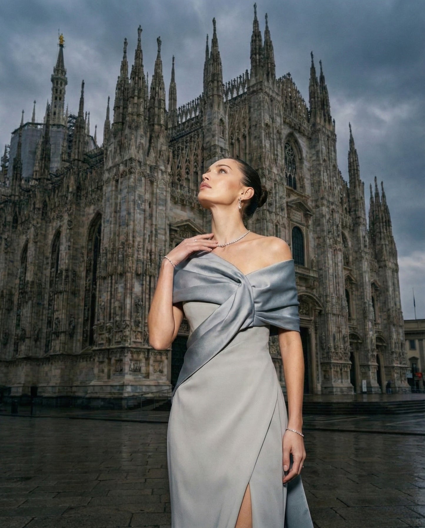 SILVER DRAPED OFF-SHOULDER GOWN