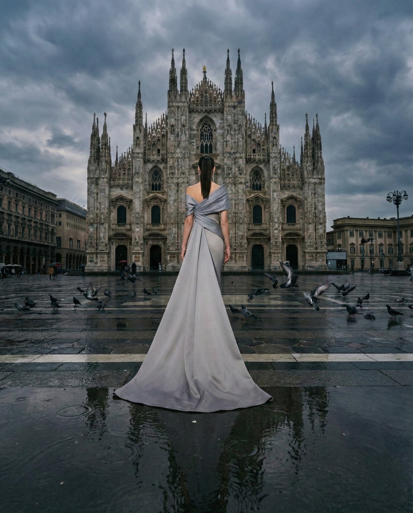 SILVER DRAPED OFF-SHOULDER GOWN